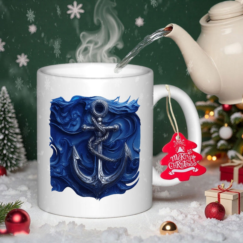 Tailorly White Ceramic 11 oz Mug - Merry Christmas Stylized Silver Nautical Ornament Within Turbulent Deep Blue Sea Currents Anchor