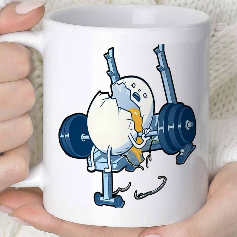 Tailorly White Ceramic 11 oz Mug - Funny Character Straining To Lift Heavy Blue Barbells On Bench Egg