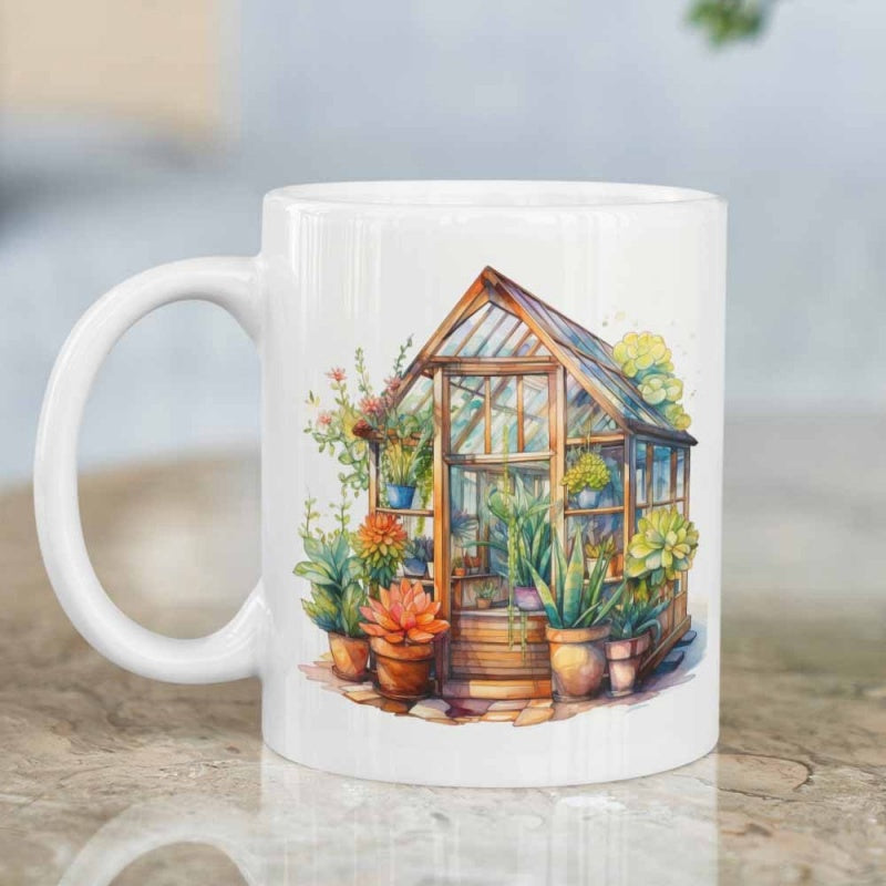 Tailorly White Ceramic 11 oz Mug - Watercolor Garden Filled With Vibrant Potted Plants And Succulents Greenhouse