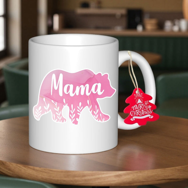 Tailorly White Ceramic 11 oz Mug - Mama Elegant Pink Watercolor Silhouette With Delicate Floral Leaf Patterns Walking Bear