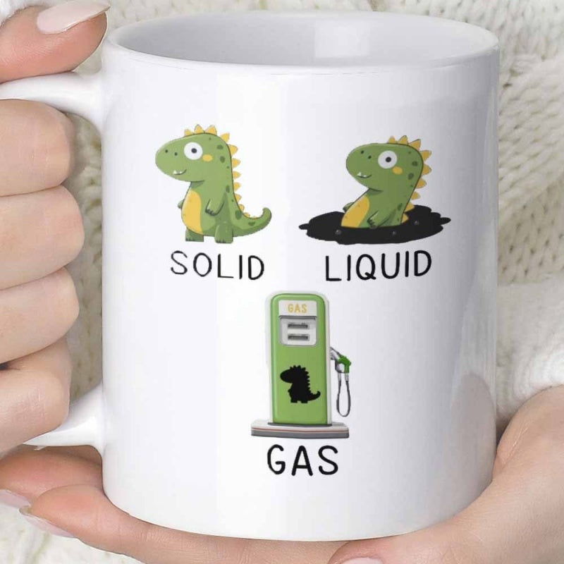 Tailorly White Ceramic 11 oz Mug - Solid Liquid Gas Three States Of Matter Featuring Cute Cartoon Green Dinosaur