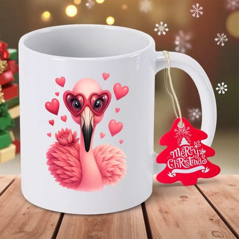 Tailorly White Ceramic 11 oz Mug - Merry Christmas Adorable Pink Bird Wearing Heart Shaped Sunglasses Among Floating Sweet Hearts Flamingo