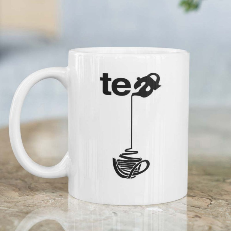 Tailorly White Ceramic 11 oz Mug - Tea Minimalist Teapot Pouring Liquid From Letter A Into A Small Delicate Teacup