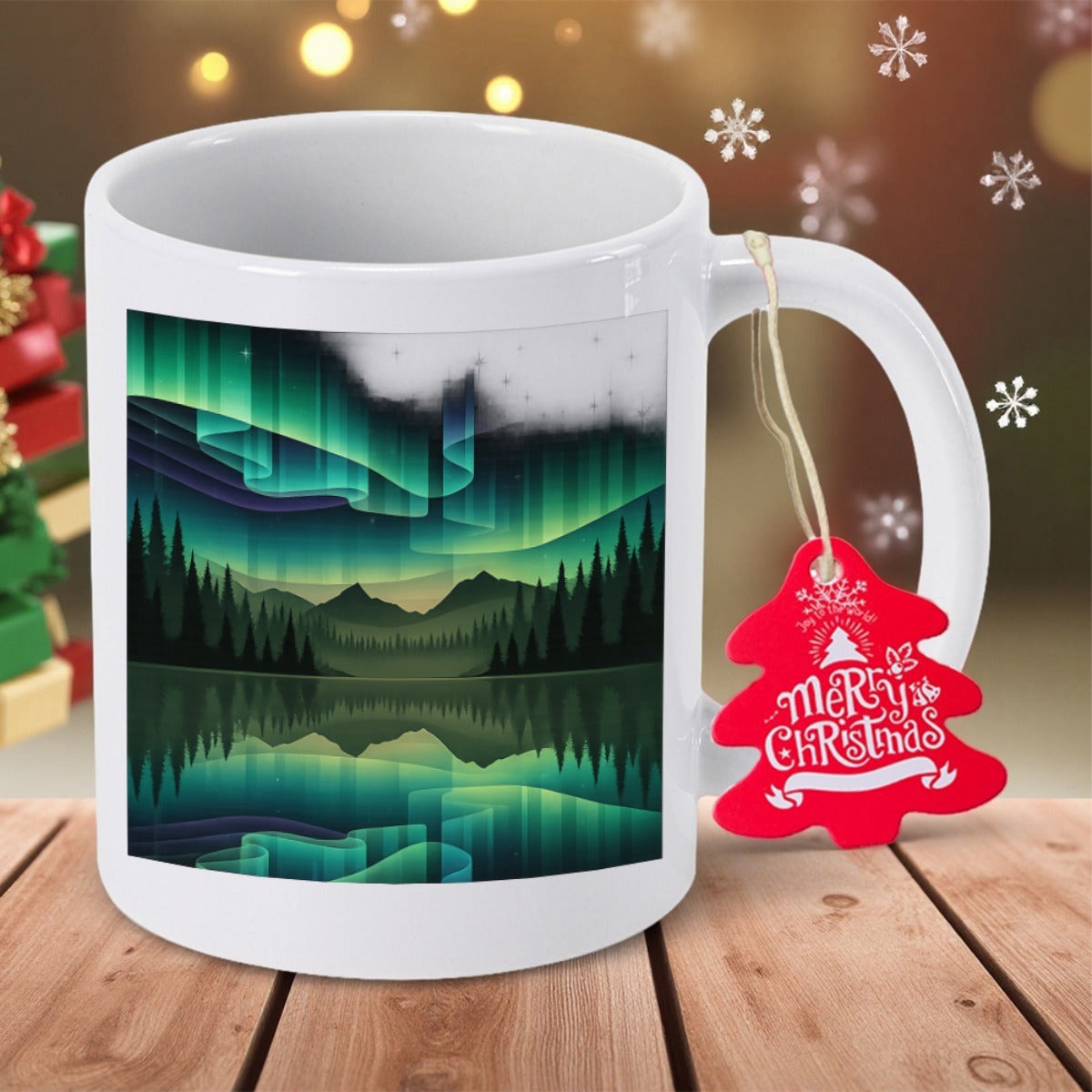 Tailorly White Ceramic 11 oz Mug - Merry Christmas Vibrant Green Northern Lights Reflecting Over Calm Mountain Lake Waters With Pine Trees Aurora