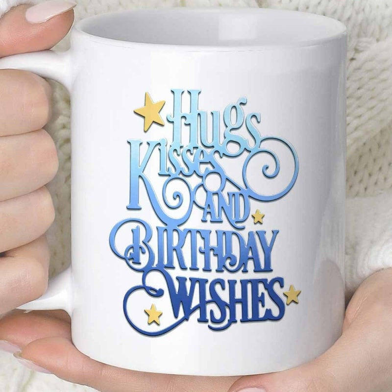 Tailorly White Ceramic 11 oz Mug - Hugs Kisses And Birthday Wishes Twinkling Yellow Stars Floating Among Artistic Blue Gradient Script Mug