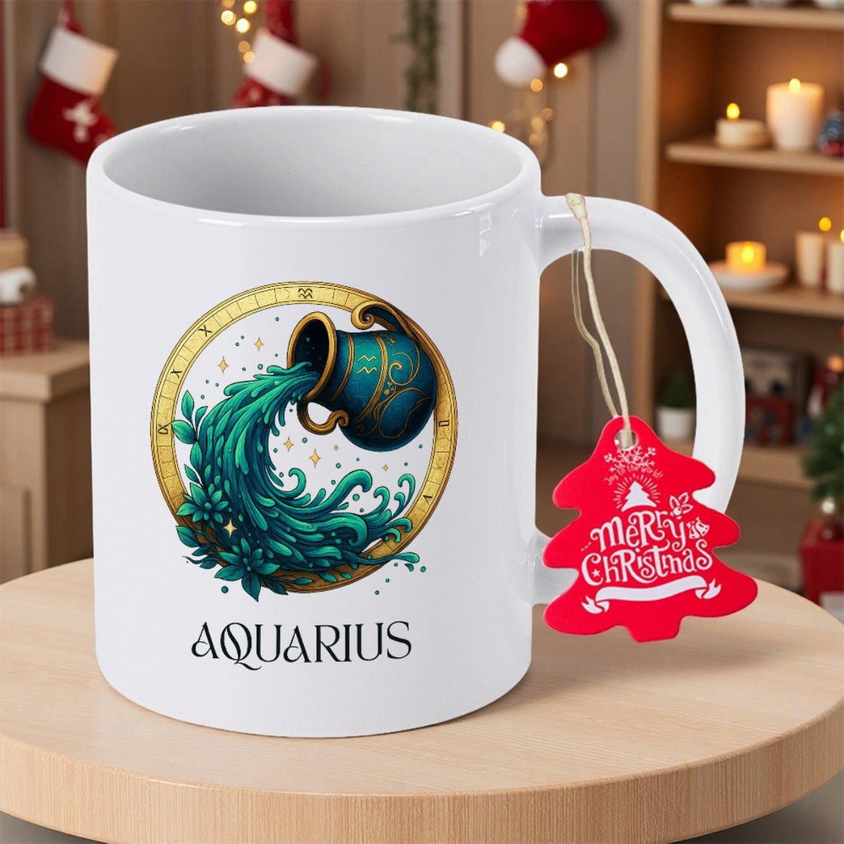 Tailorly White Ceramic 11 oz Mug - Aquarius Ornate Golden Circle Pitcher Pouring Flowing Waves Of Teal Water Pitcher
