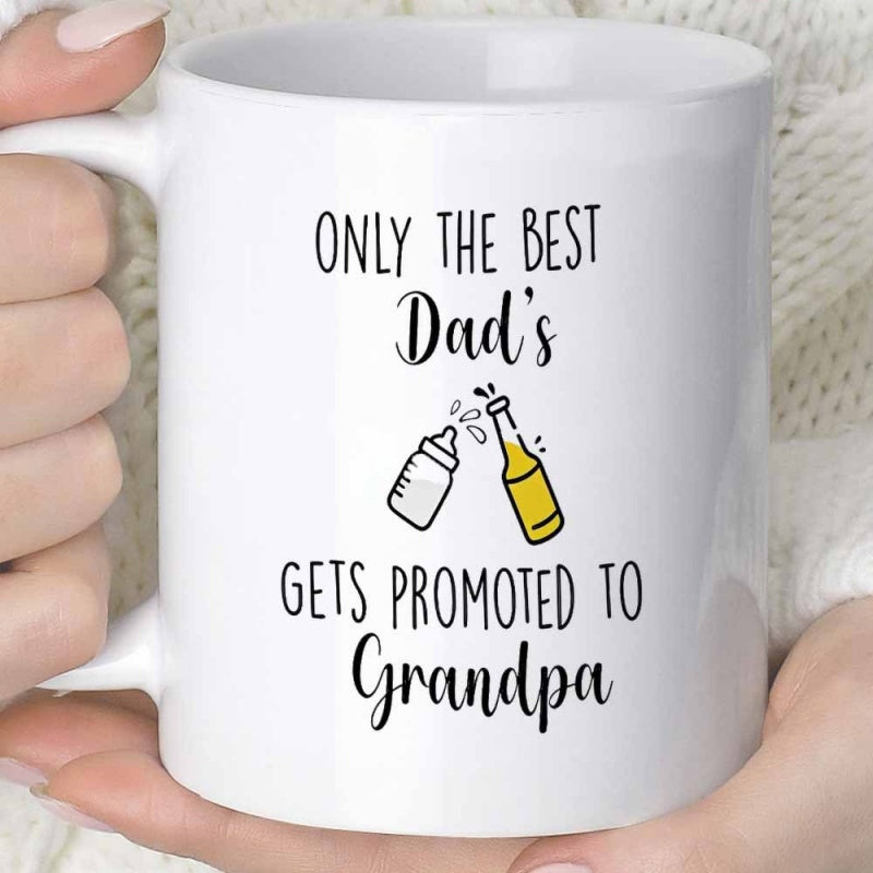 Tailorly White Ceramic 11 oz Mug - Only The Best Dads Gets Promoted To Grandpa Cartoon Style Beer And Baby Bottles Clinking Together Mug