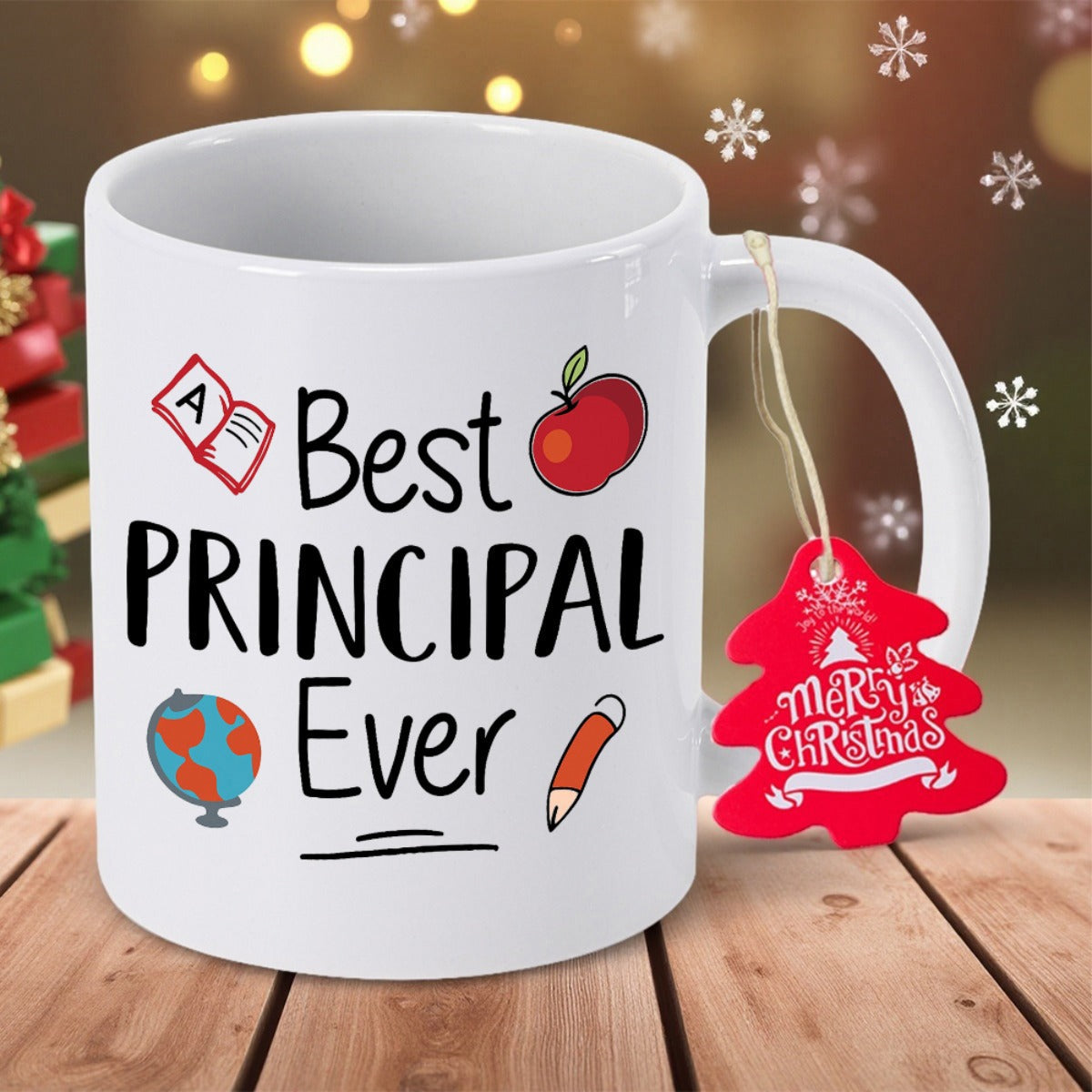 Tailorly White Ceramic 11 oz Mug - Best Principal Ever Educational Icons Featuring Red Apple And Pencil Ceramic Mug