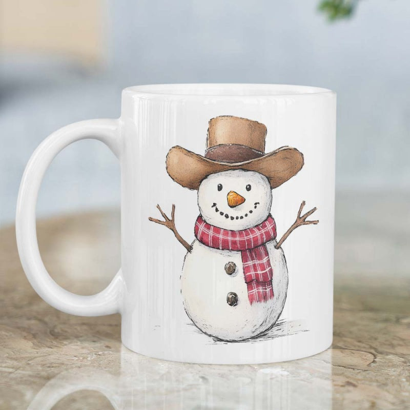Tailorly White Ceramic 11 oz Mug - Charming Winter Snowman With Cowboy Hat And Red Plaid Scarf Snowman