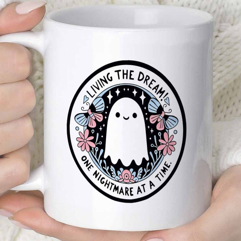 Tailorly White Ceramic 11 oz Mug - Living The Dream One Nightmare At A Time Whimsical Smiling Figure Surrounded By Colorful Butterflies And Blooming Spring Flowers