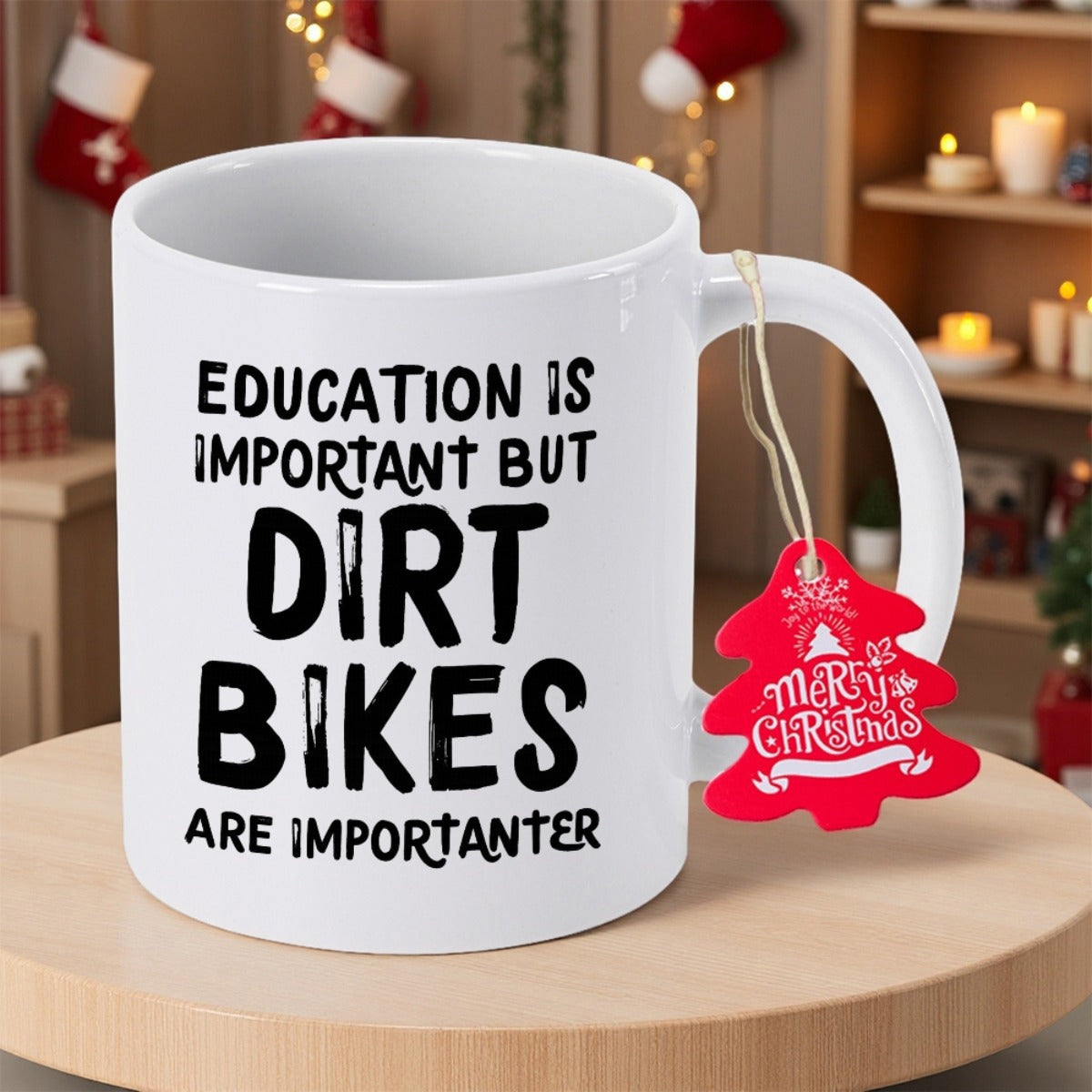 Tailorly White Ceramic 11 oz Mug - Education Is Important But Dirt Bikes Are Importanter Bold Distressed Black Typography On Clean White Background Minimalist Dirt