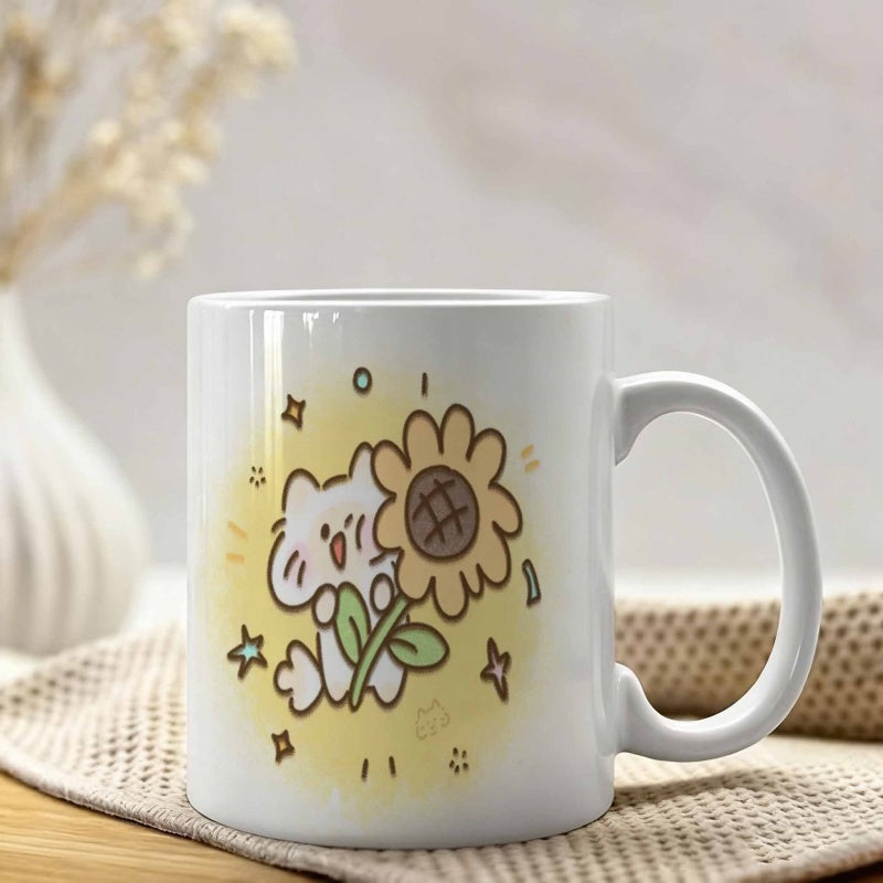 Tailorly White Ceramic 11 oz Mug - Cute Little White Kitten Holding A Large Vibrant Yellow Sunflower Cat