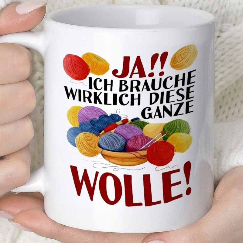 Tailorly White Ceramic 11 oz Mug - Colorful Balls Of Soft Knitting Yarn Resting Inside Woven Basket Yarn