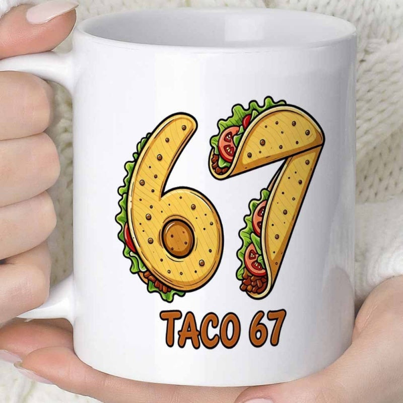 Tailorly White Ceramic 11 oz Mug - Taco 67 Creative Numbers Styled As Mexican Food With Lettuce And Tomato Taco