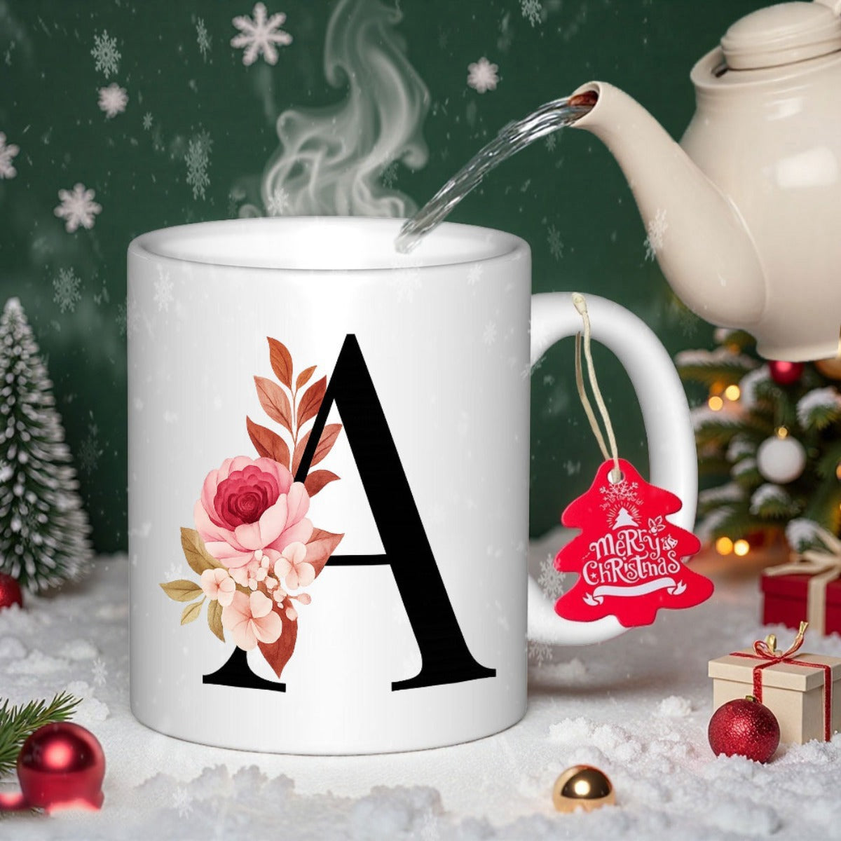 Tailorly White Ceramic 11 oz Mug - A Elegant Floral Lettering With Delicate Pink Roses And Autumn Leaves Alphabet