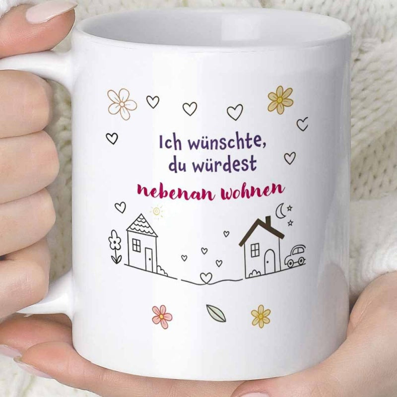 Tailorly White Ceramic 11 oz Mug - Simple Line Art Sketch Of Neighborhood Scene With Hearts And Delicate Flowers House