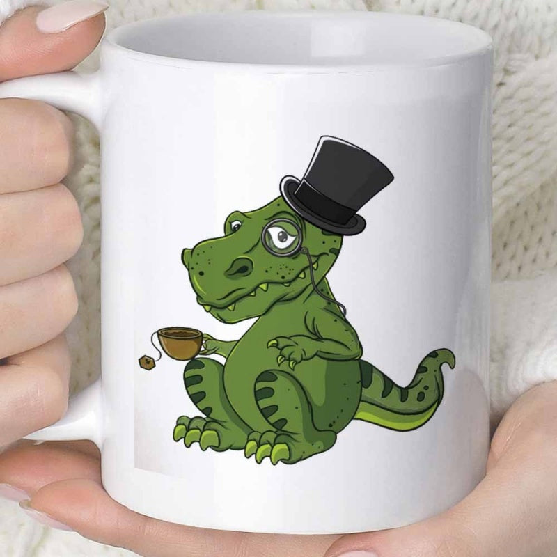 Tailorly White Ceramic 11 oz Mug - Dapper Green Cartoon Creature Wearing Black Top Hat Holding Tea Cup Dinosaur