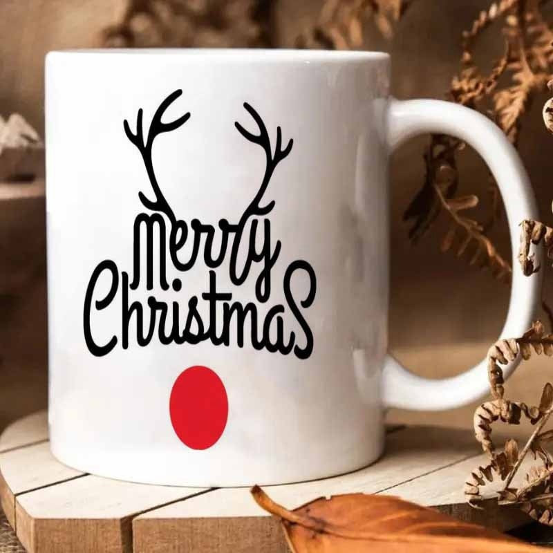 Tailorly White Ceramic 11 oz Mug - Merry Christmas Minimalist Black Antlers Featuring A Bright Red Round Nose Reindeer