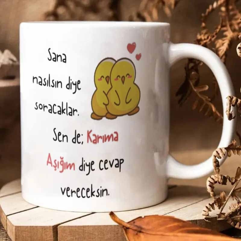 Tailorly White Ceramic 11 oz Mug - Two Adorable Tiny Yellow Birds Hugging Under Small Red Floating Hearts Chick
