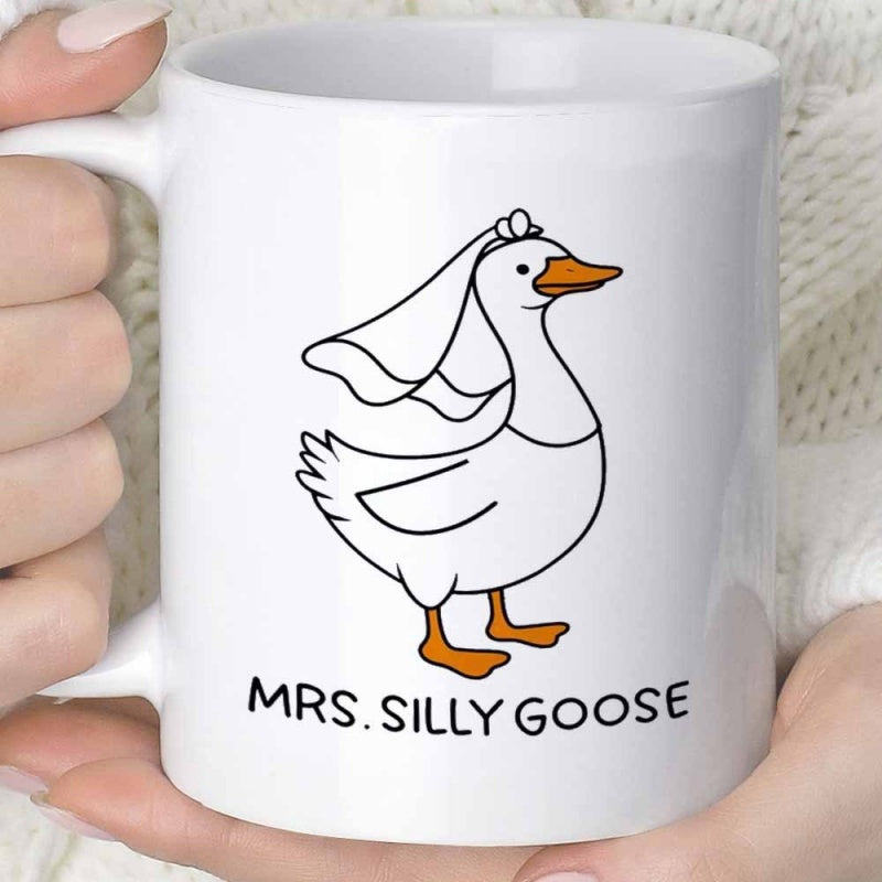 Tailorly White Ceramic 11 oz Mug - Mrs Silly Goose Whimsical Cartoon Bride Bird Wearing Elegant White Wedding Veil Standing Proudly Goose