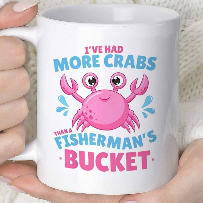 Tailorly White Ceramic 11 oz Mug - Ive Had More Crabs Than A Fishermans Bucket Smiling Pink Cartoon Shellfish With Large Eyes And Blue Water Splashes Crab