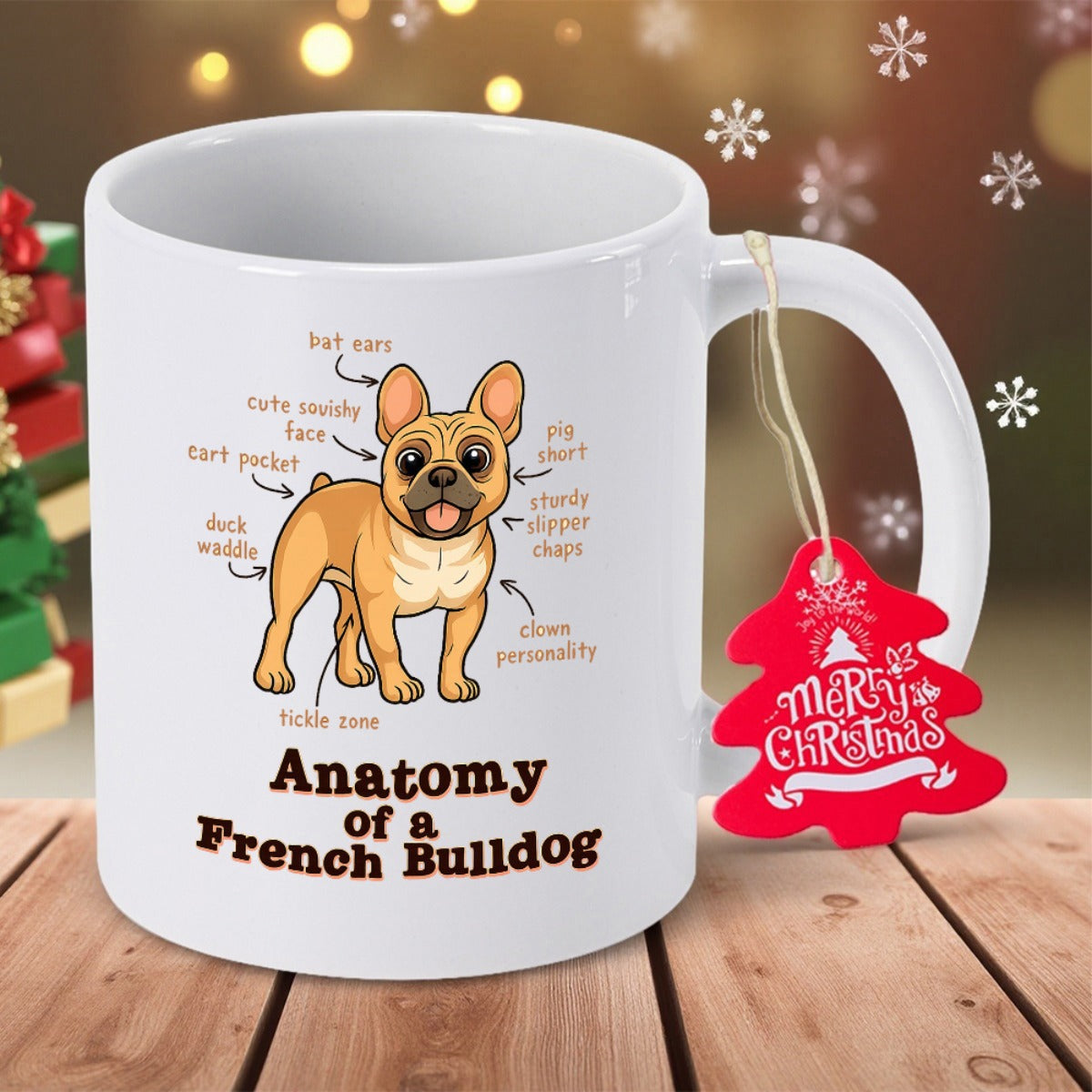 Tailorly White Ceramic 11 oz Mug - Anatomy Of A French Bulldog Adorable Cartoon Pet Character Surrounded By Educational Body Part Labels Bulldog