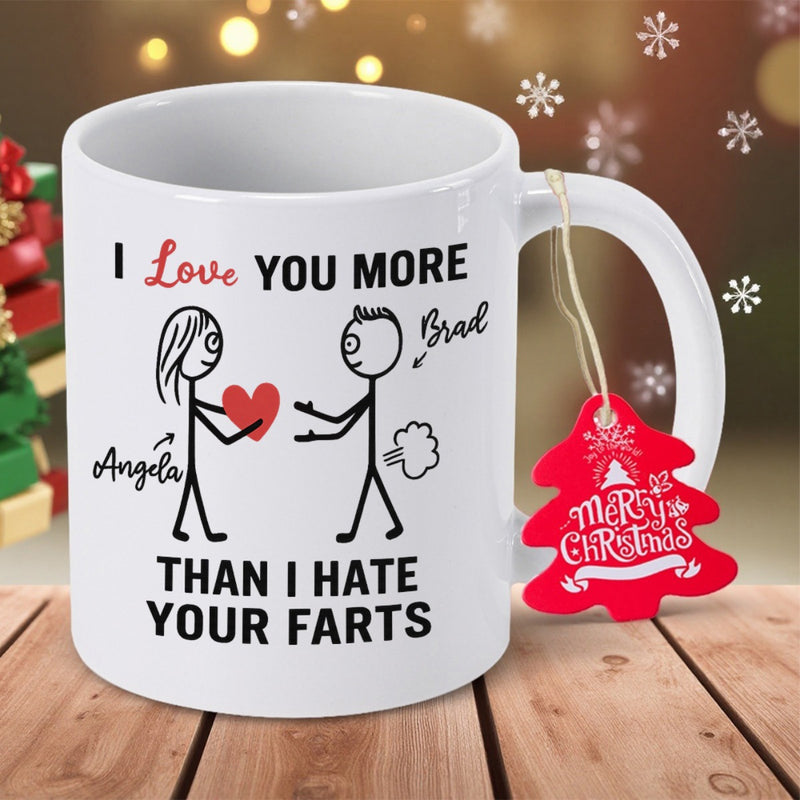 Tailorly White Ceramic 11 oz Mug - I Love You More Than I Hate Your Farts Angela Brad Minimalist Drawing Of Two People Holding Heart Beside Small Comic Cloud