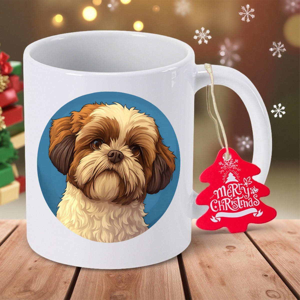 Tailorly White Ceramic 11 oz Mug - Merry Christmas Adorable Brown And White Fluffy Portrait Inside A Blue Circular Frame Shih Tzu