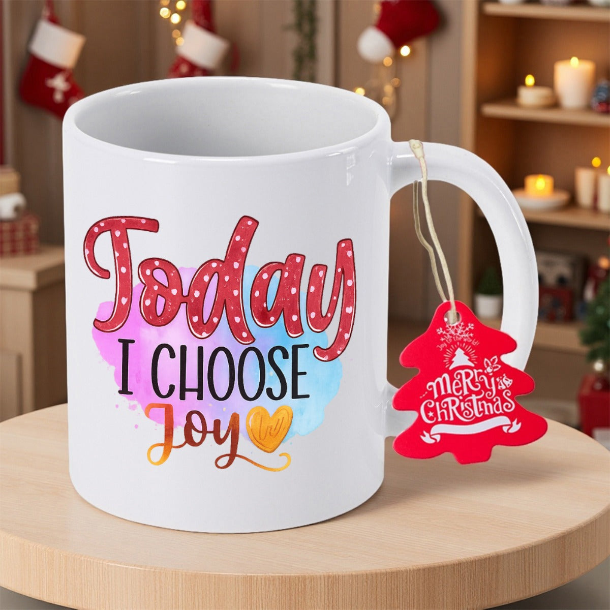 Tailorly White Ceramic 11 oz Mug - Today I Choose Joy Colorful Watercolor Splash Behind Artistic Script With Golden Heart