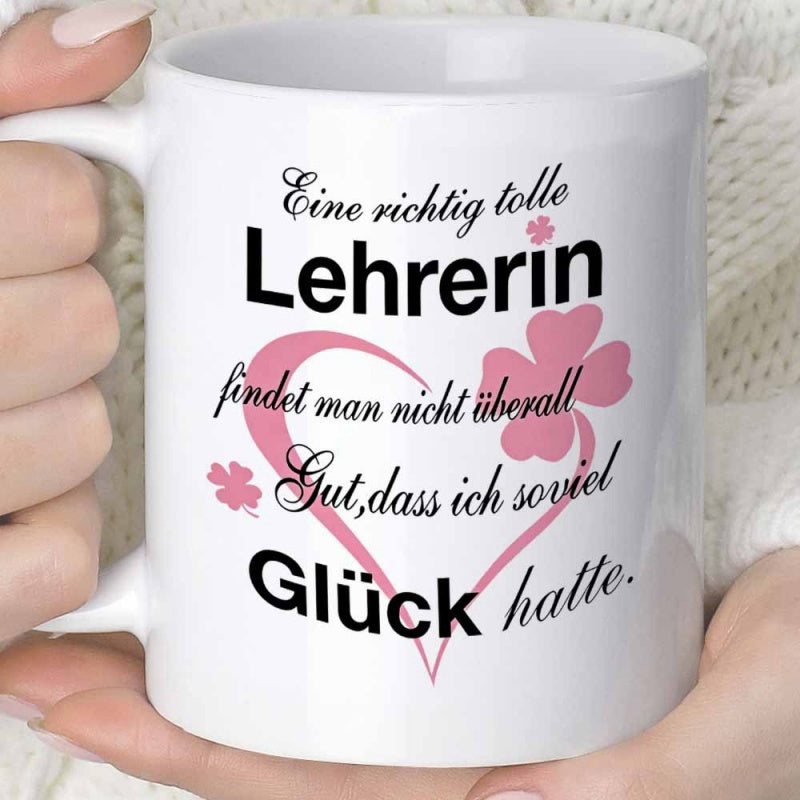 Tailorly White Ceramic 11 oz Mug - Delicate Pink Heart Outline Featuring Multiple Four Leaf Clovers Clover