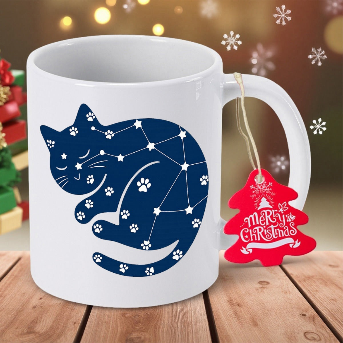 Tailorly White Ceramic 11 oz Mug - Merry Christmas Sleeping Blue Silhouette With White Constellation Stars And Tiny Paw Prints Cat