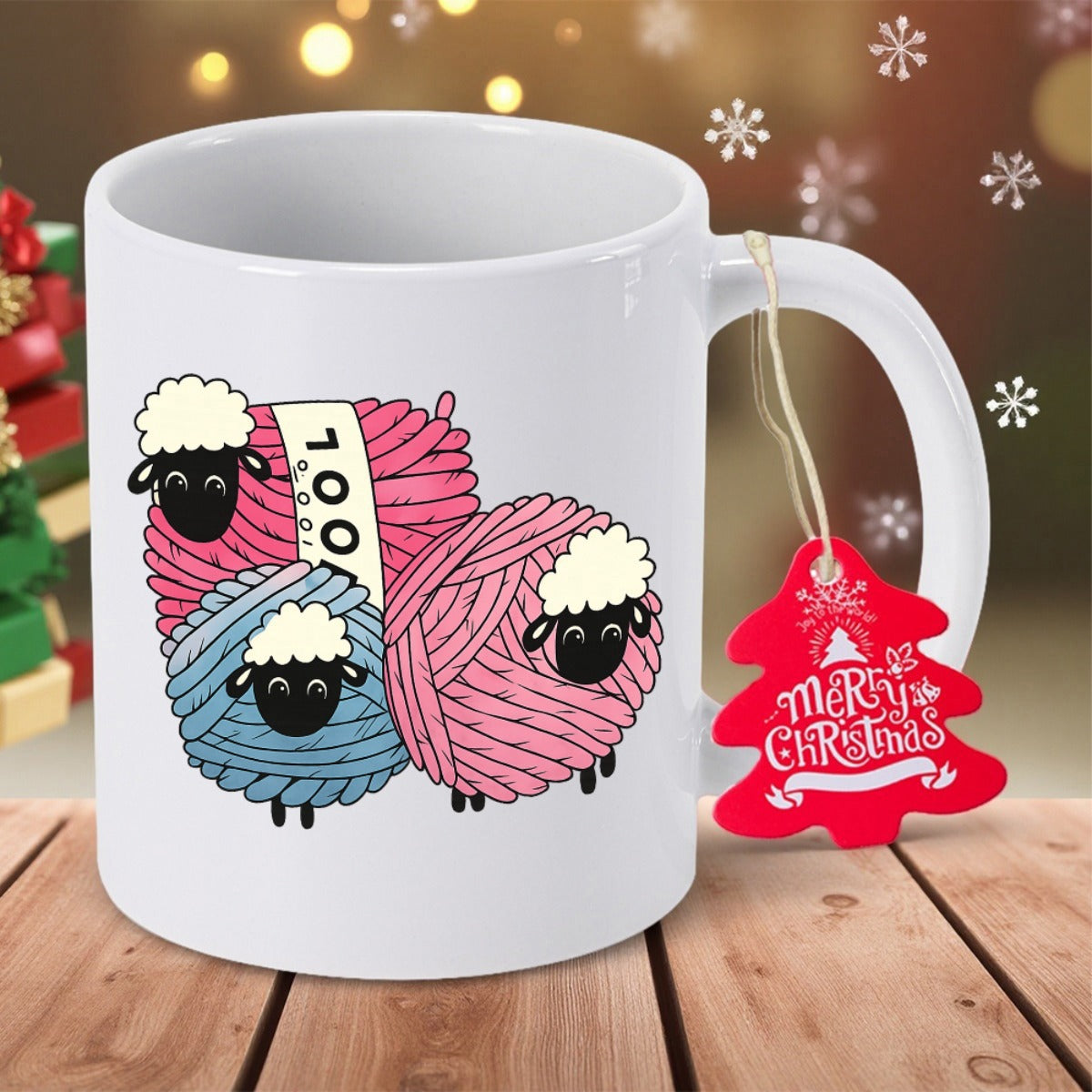 Tailorly White Ceramic 11 oz Mug - 100 Wool Three Colorful Yarn Balls Shaped Like Adorable Little Woolen Sheep