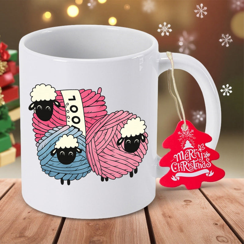 Tailorly White Ceramic 11 oz Mug - 100 Wool Three Colorful Yarn Balls Shaped Like Adorable Little Woolen Sheep