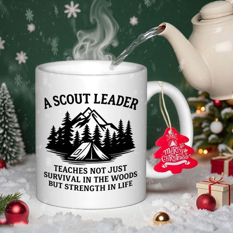 Tailorly White Ceramic 11 oz Mug - A Scout Leader Teaches Not Just Survival In The Woods But Strength In Life Majestic Mountain Range Nestled Among Pine Trees
