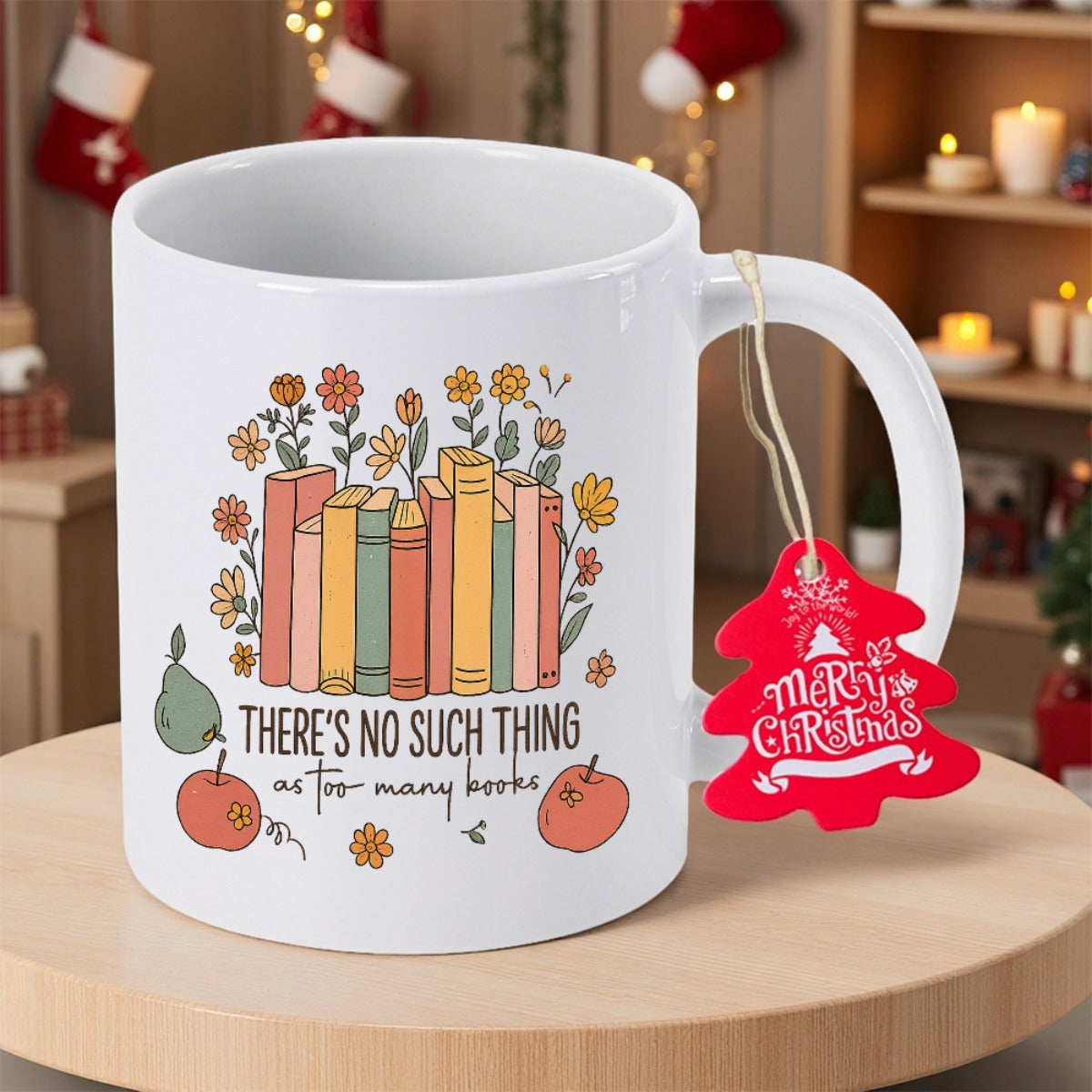 Tailorly White Ceramic 11 oz Mug - There's No Such Thing As Too Many Books Colorful Vintage Style Illustration Featuring Blooming Wildflowers And Fresh Fruit Books