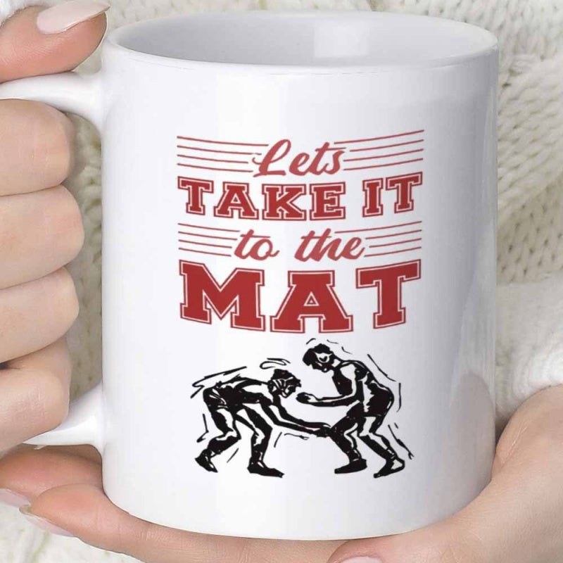 Tailorly White Ceramic 11 oz Mug - Lets Take It To The Mat Two Competitive Athletes Engaging In Sports Motion On Floor Surface Wrestling