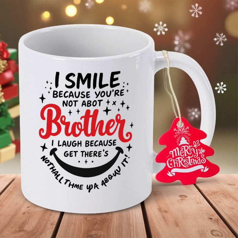 Tailorly White Ceramic 11 oz Mug - I Smile Because You Are Not Brother I Laugh Because Polished White Porcelain Surface Decorated With Small Stars And Curved Smile