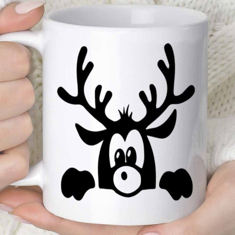Tailorly White Ceramic 11 oz Mug - Minimalist Peeking Animal With Majestic Antlers And Playful Curious Eyes Reindeer