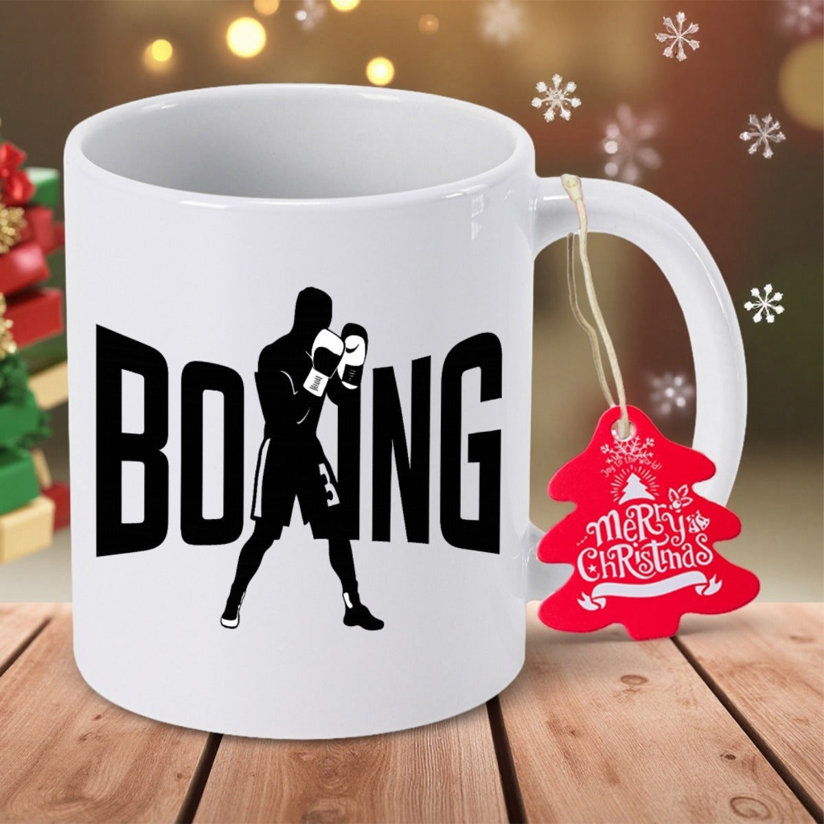 Tailorly White Ceramic 11 oz Mug - Boxing Silhouette Of A Determined Fighter Standing In Athletic Ready Stance Boxer