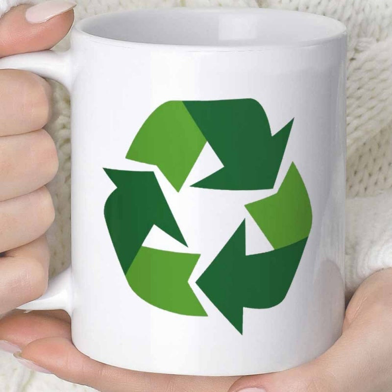 Tailorly White Ceramic 11 oz Mug - Vibrant Green Arrows Forming A Continuous Loop For Environmental Sustainability Symbol