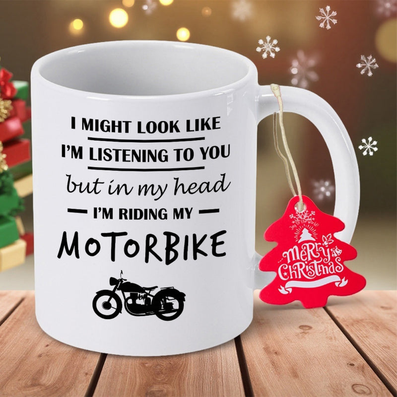 Tailorly White Ceramic 11 oz Mug - I Might Look Like I'm Listening To You But In My Head I'm Riding My Motorbike Vintage Classic Black Silhouette Parked Peacefully