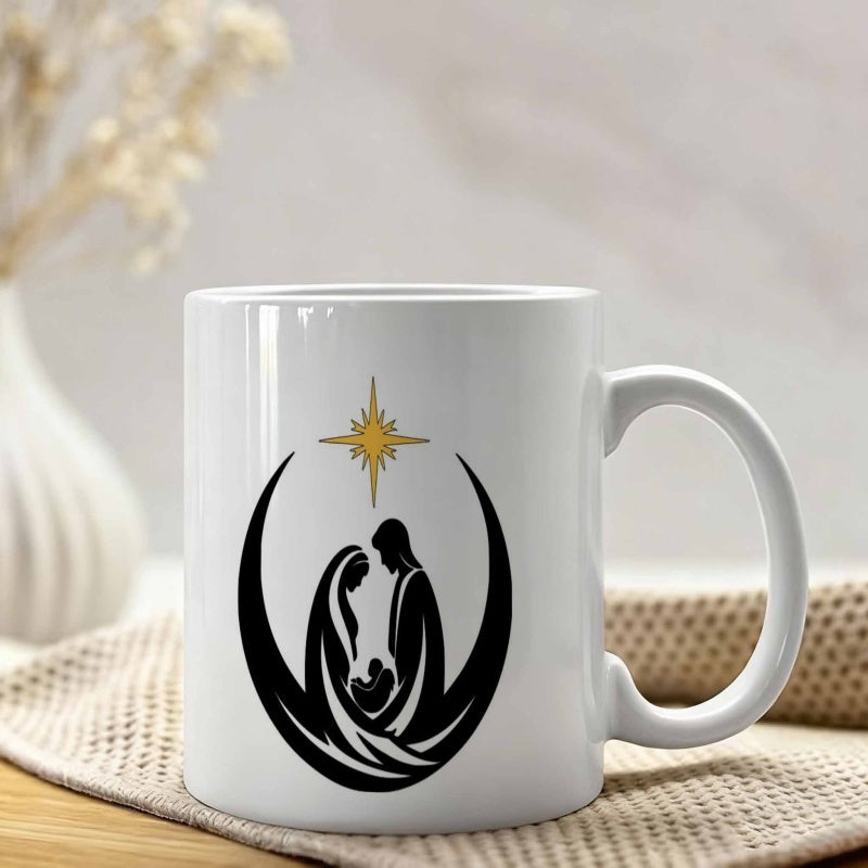 Tailorly White Ceramic 11 oz Mug - Elegant Black Silhouette Resting Under A Radiant Shining Golden Bethlehem Star Nativity