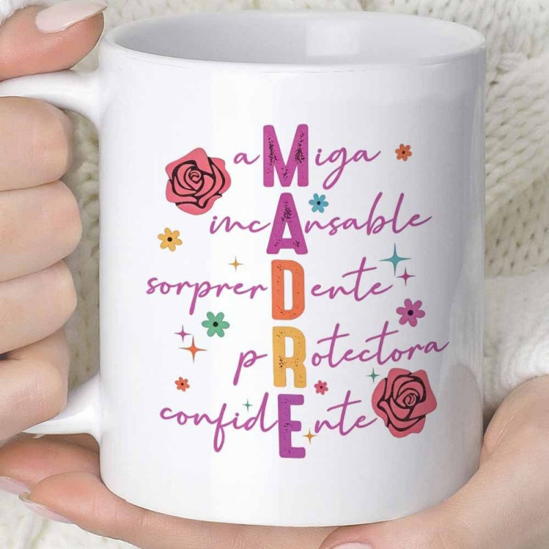 Tailorly White Ceramic 11 oz Mug - Beautiful Pink Rose Surrounded By Small Colorful Blossoms And Sparkling Stars Flower