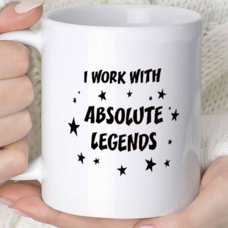 Tailorly White Ceramic 11 oz Mug - I Work With Absolute Legends Tiny Twinkling Black Stars Surrounding Bold Artistic Script Lettering Stars