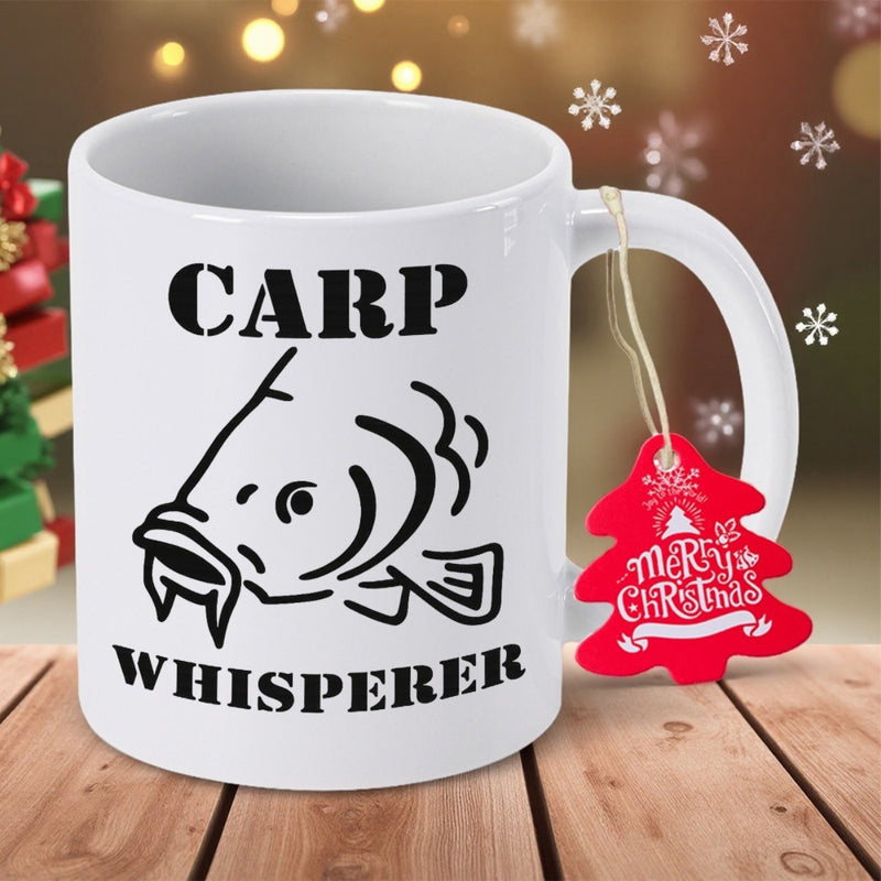 Tailorly White Ceramic 11 oz Mug - Carp Whisperer Minimalist Black Ink Line Art Illustration Of A Swimming Carp