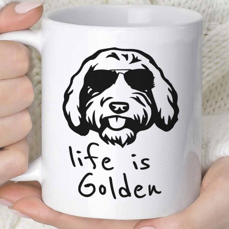 Tailorly White Ceramic 11 oz Mug - Life Is Golden Hand Drawn Stylized Dog Wearing Dark Sunglasses Playful Golden Retriever