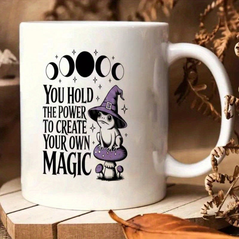 Tailorly White Ceramic 11 oz Mug - You Hold The Power To Create Your Own Magic Mystical Moon Phases With Charming Wizard Hat Wearing Small Frog