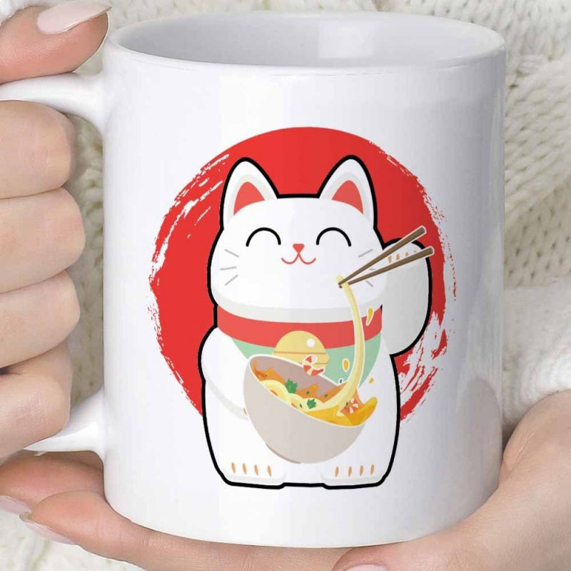 Tailorly White Ceramic 11 oz Mug - Cute Maneki Neko Enjoying Delicious Ramen Bowl In Front Of Red Sun Cat