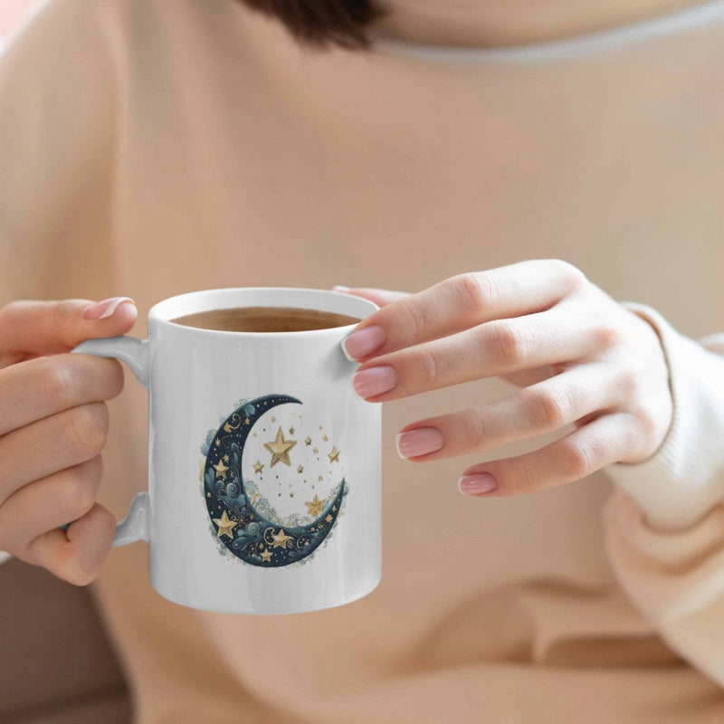 Tailorly White Ceramic 11 oz Mug - Celestial Midnight Sky With Golden Twinkling Stars And Decorative Moon