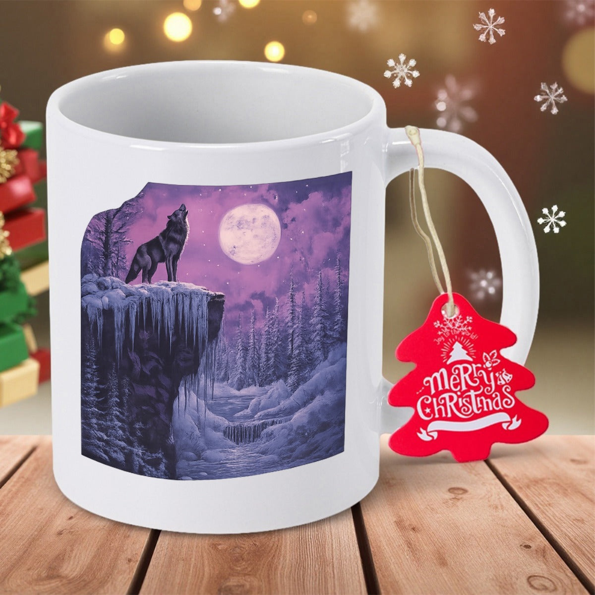 Tailorly White Ceramic 11 oz Mug - Merry Christmas Majestic Howling On Snowy Cliff Under Purple Full Moon Night Wolf